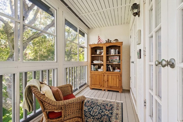 sunroom with wooden ceiling