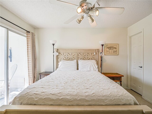 bedroom featuring a textured ceiling and ceiling fan