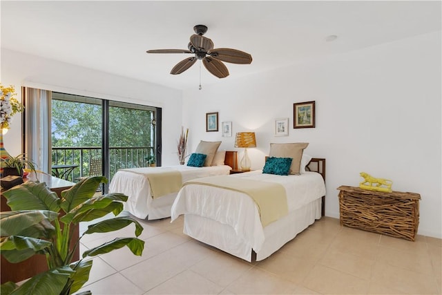 tiled bedroom featuring access to outside and ceiling fan