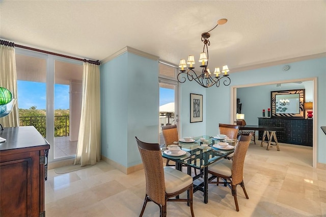 dining space with an inviting chandelier and crown molding