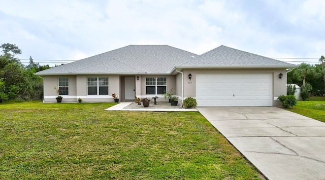 single story home with a front lawn and a garage