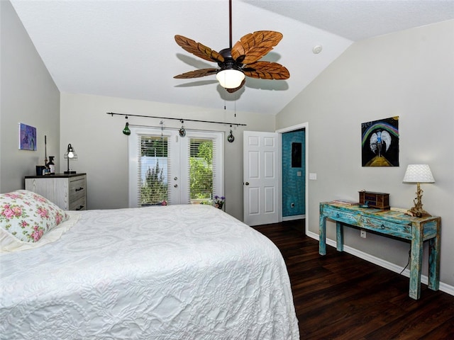 bedroom with french doors, lofted ceiling, access to exterior, dark hardwood / wood-style floors, and ceiling fan