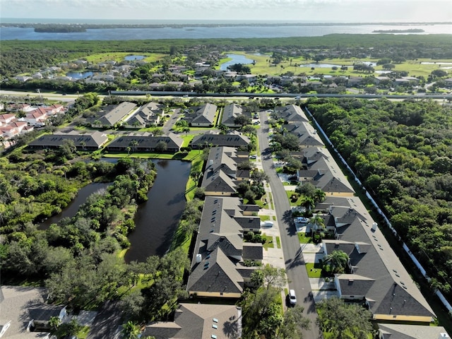 aerial view featuring a water view