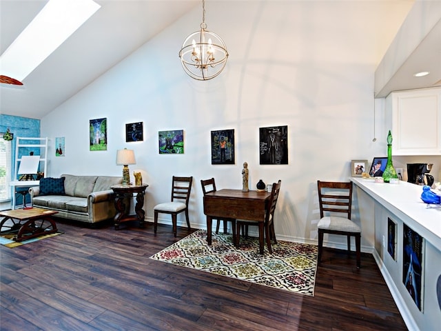 living room featuring high vaulted ceiling, a notable chandelier, and dark hardwood / wood-style floors