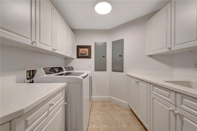 4878 S Harbor Dr Unit 301, Vero Beach, FL 32967 - laundry room featuring electric panel, cabinet space, baseboards, and washer and dryer
