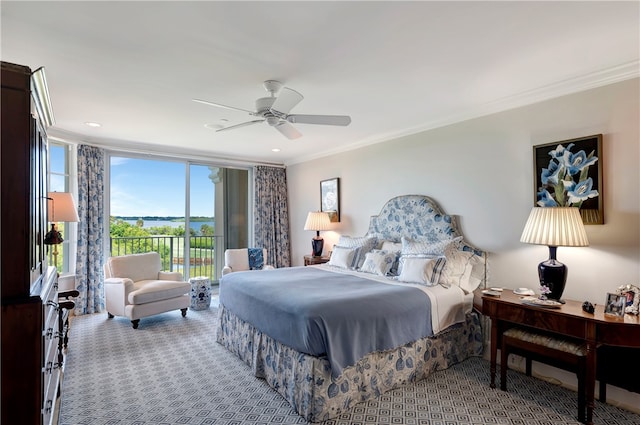 bedroom featuring access to outside, light colored carpet, ceiling fan, and crown molding