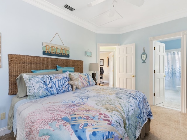 bedroom with connected bathroom, crown molding, ceiling fan, and carpet flooring