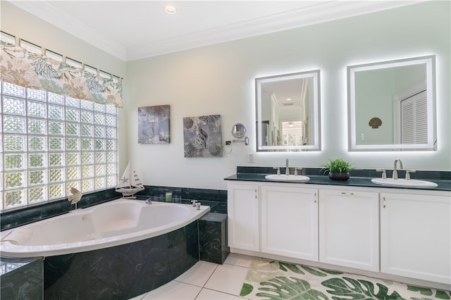 bathroom featuring ornamental molding, tiled bath, tile patterned flooring, and vanity