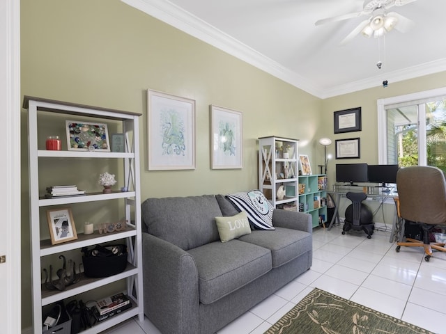 office with light tile patterned floors, ornamental molding, and ceiling fan