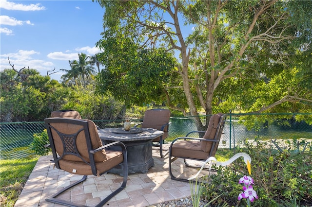 view of patio featuring a water view