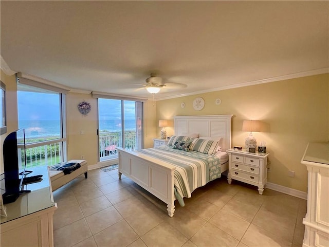 bedroom featuring ceiling fan, light tile patterned floors, crown molding, and access to outside