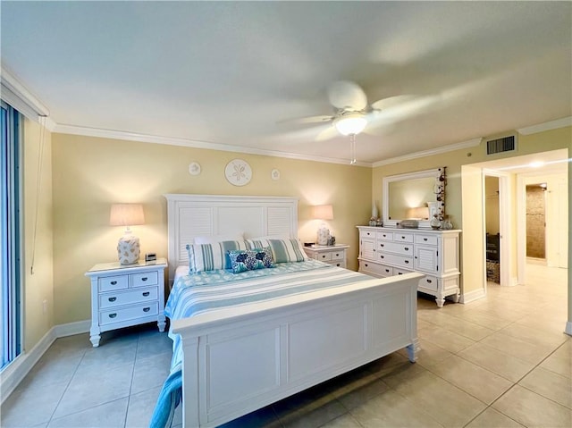 tiled bedroom with ceiling fan and crown molding