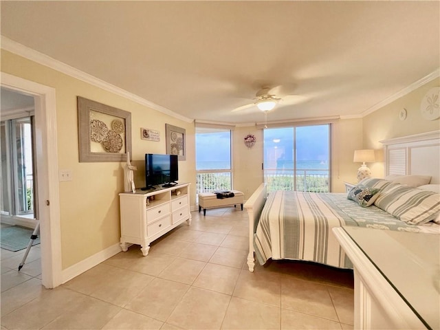 bedroom with ceiling fan, a wall of windows, crown molding, access to outside, and light tile patterned flooring