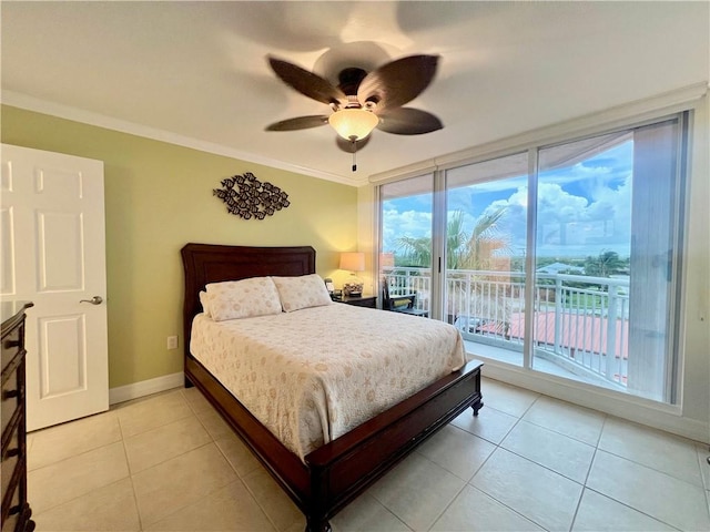 tiled bedroom with ceiling fan, crown molding, and access to outside