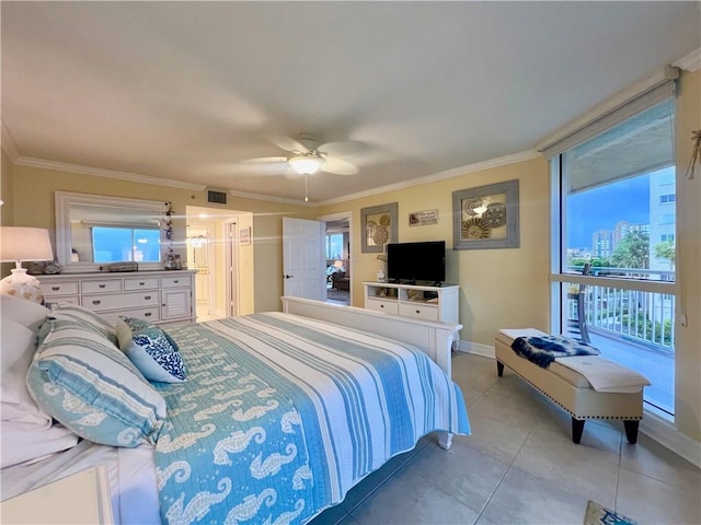 bedroom featuring multiple windows, ceiling fan, and ornamental molding