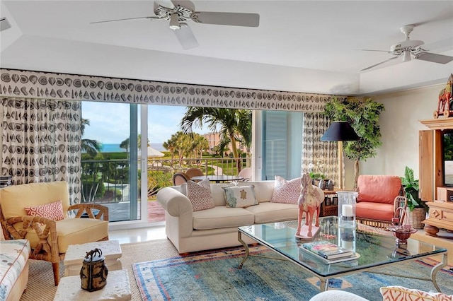 living room with ceiling fan