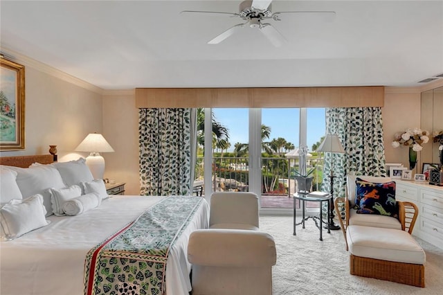 bedroom with ceiling fan, ornamental molding, and light carpet