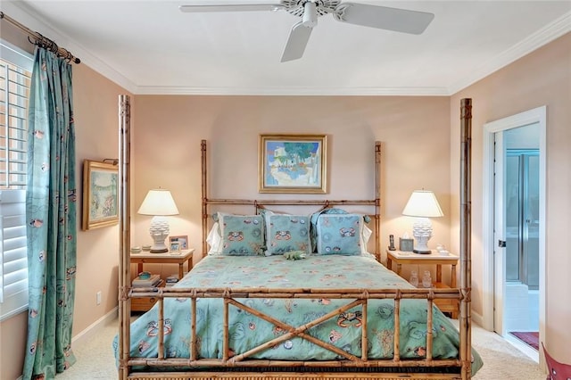 carpeted bedroom with ornamental molding and ceiling fan