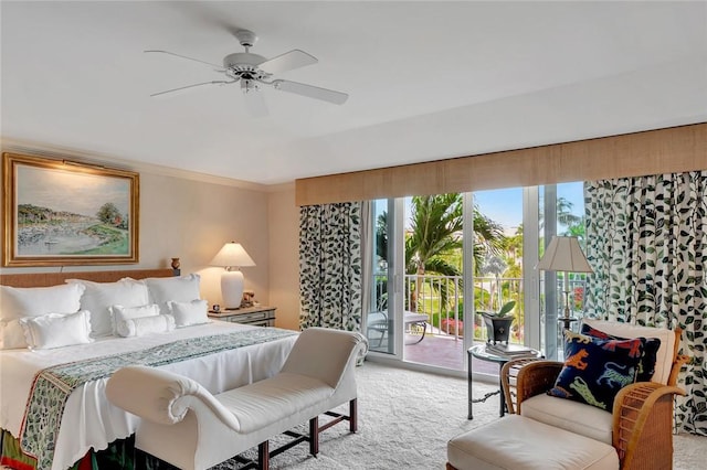 bedroom featuring crown molding, light colored carpet, access to exterior, and ceiling fan