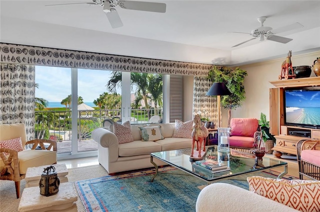 living room featuring ceiling fan