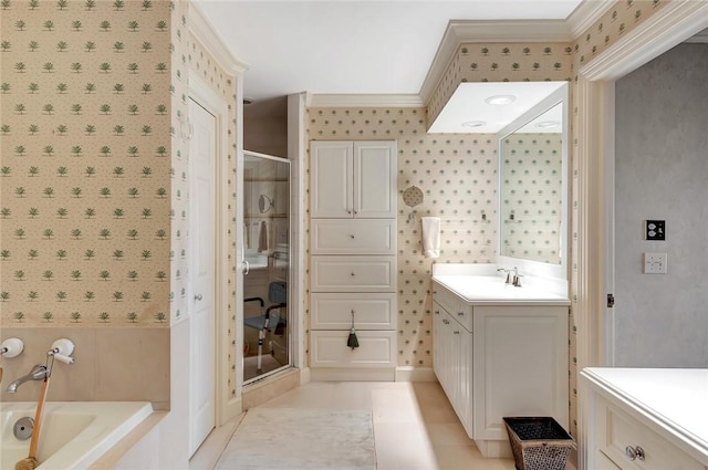 bathroom with tile patterned flooring, vanity, separate shower and tub, and ornamental molding