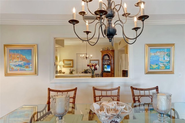 bar with crown molding, fridge, a notable chandelier, and decorative light fixtures