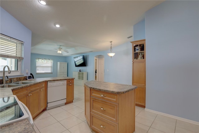 1158 Laconia St, Sebastian, FL 32958 - kitchen with a sink, light tile patterned floors, ceiling fan, and white appliances