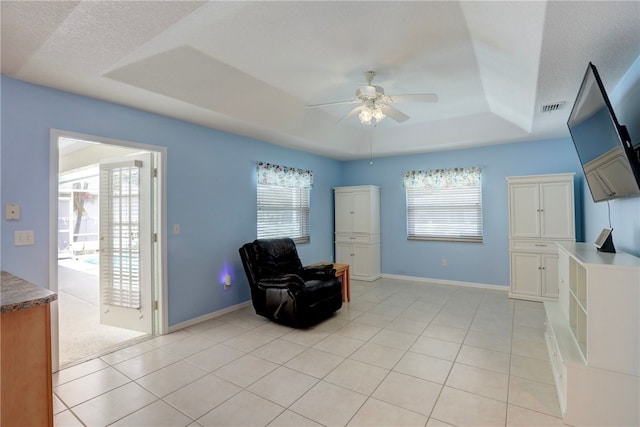 1158 Laconia St, Sebastian, FL 32958 - sitting room with a tray ceiling, ceiling fan, visible vents, and baseboards