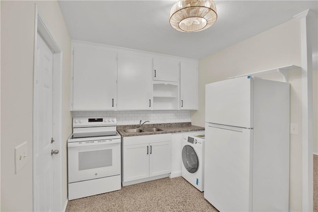 kitchen featuring sink, white appliances, white cabinetry, tasteful backsplash, and washer / clothes dryer