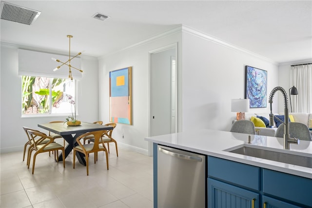 kitchen with sink, crown molding, an inviting chandelier, hanging light fixtures, and stainless steel dishwasher