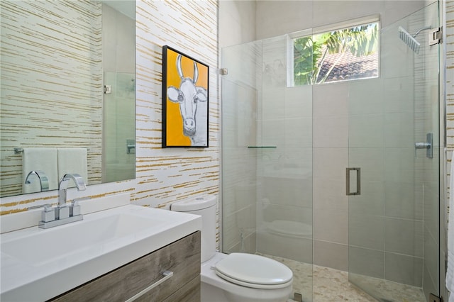 bathroom with vanity, toilet, and a shower with shower door