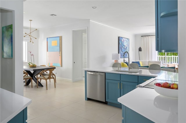 kitchen with sink, crown molding, blue cabinetry, dishwasher, and hanging light fixtures