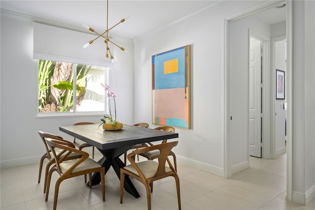 dining room with light tile patterned floors, a notable chandelier, and ornamental molding