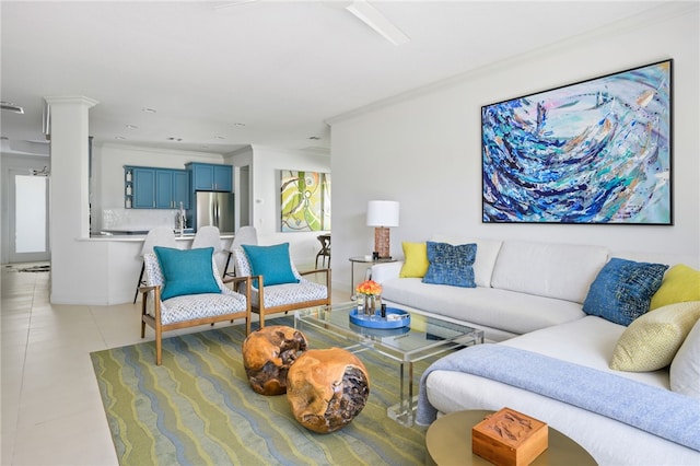 tiled living room featuring ornamental molding