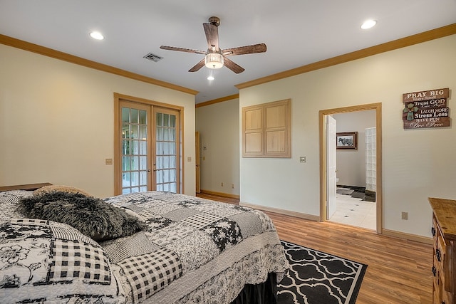 bedroom with french doors, connected bathroom, ceiling fan, crown molding, and light hardwood / wood-style flooring