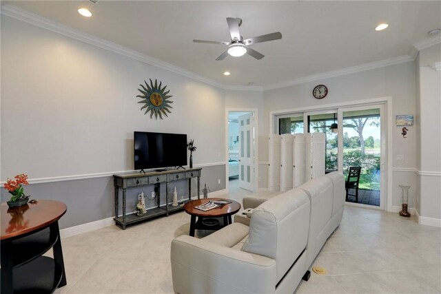 6005 Bella Rosa Ln, Vero Beach, FL 32966 - living area with ceiling fan, crown molding, baseboards, and recessed lighting