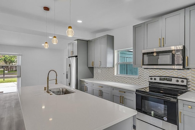 kitchen featuring sink, stainless steel appliances, an island with sink, pendant lighting, and hardwood / wood-style flooring