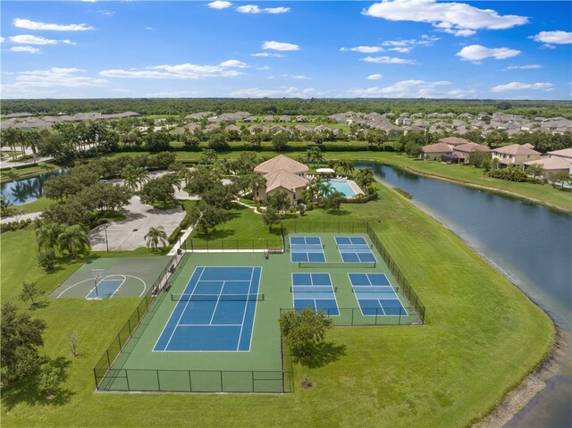 drone / aerial view with a water view