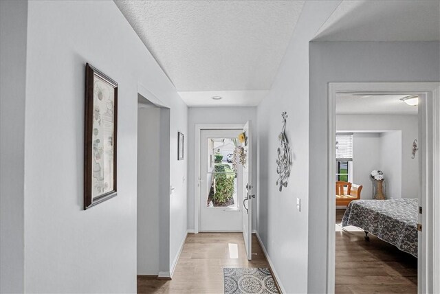 entryway featuring hardwood / wood-style flooring and a textured ceiling