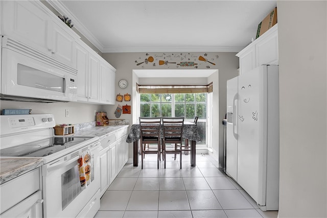 kitchen featuring light tile patterned floors, ornamental molding, light stone countertops, white cabinetry, and white appliances