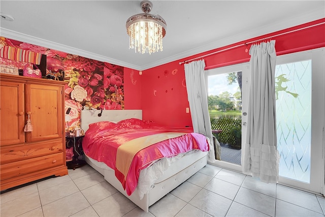 bedroom featuring access to exterior, a notable chandelier, light tile patterned flooring, and crown molding