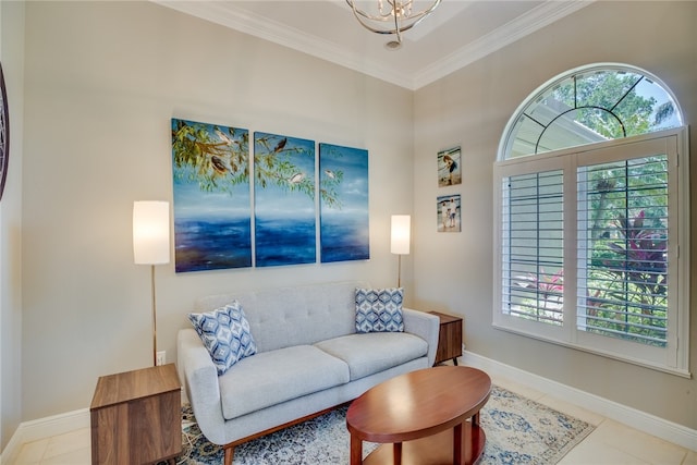 tiled living room with an inviting chandelier and ornamental molding