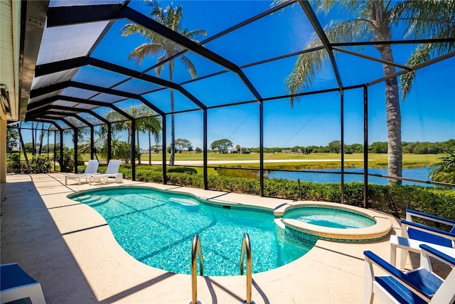 view of pool featuring a lanai, a water view, a patio, and an in ground hot tub