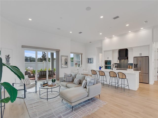 living room featuring light wood-type flooring and sink