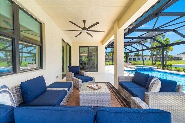 6354 Arcadia Sq, Vero Beach, FL 32966 - view of patio / terrace with outdoor lounge area, a ceiling fan, a pool with connected hot tub, and a lanai