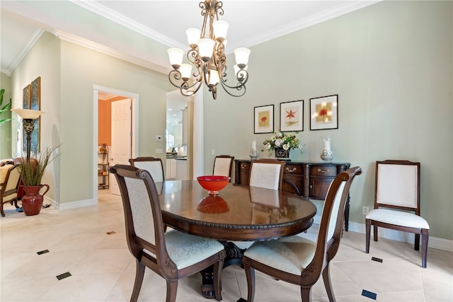 dining space with ornamental molding, light tile patterned floors, and a notable chandelier