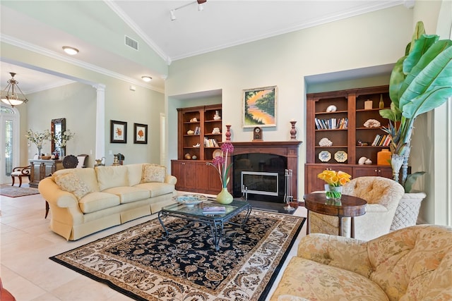 living room with built in features, ornamental molding, light tile patterned floors, ornate columns, and high vaulted ceiling