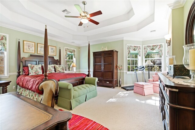 bedroom with ornamental molding, a raised ceiling, ceiling fan, and carpet floors