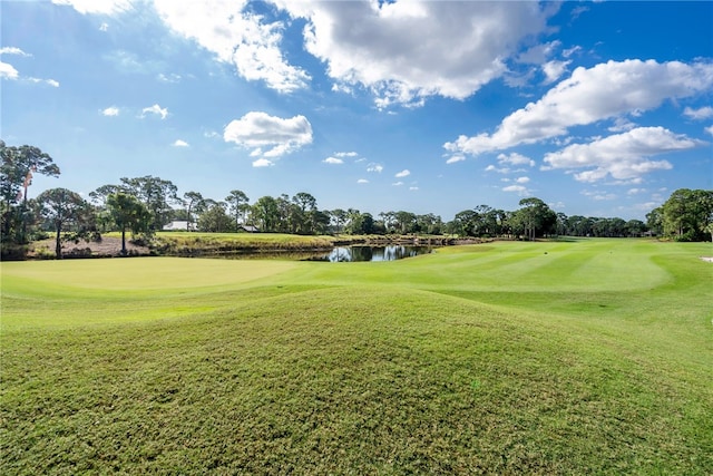 view of community featuring a water view and a lawn