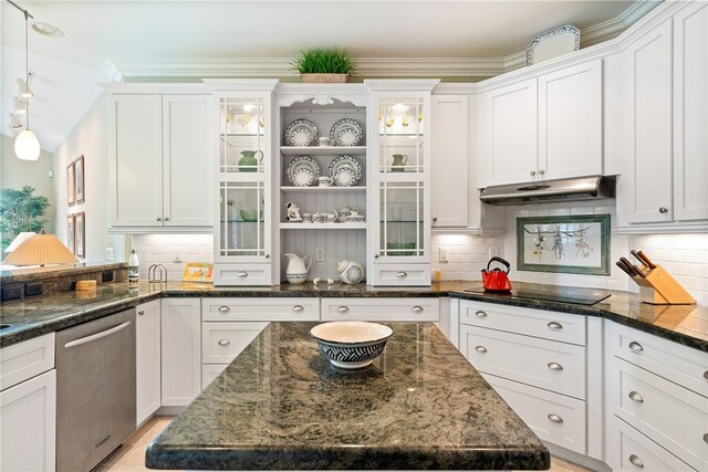 kitchen featuring black electric cooktop, white cabinetry, dishwasher, and tasteful backsplash